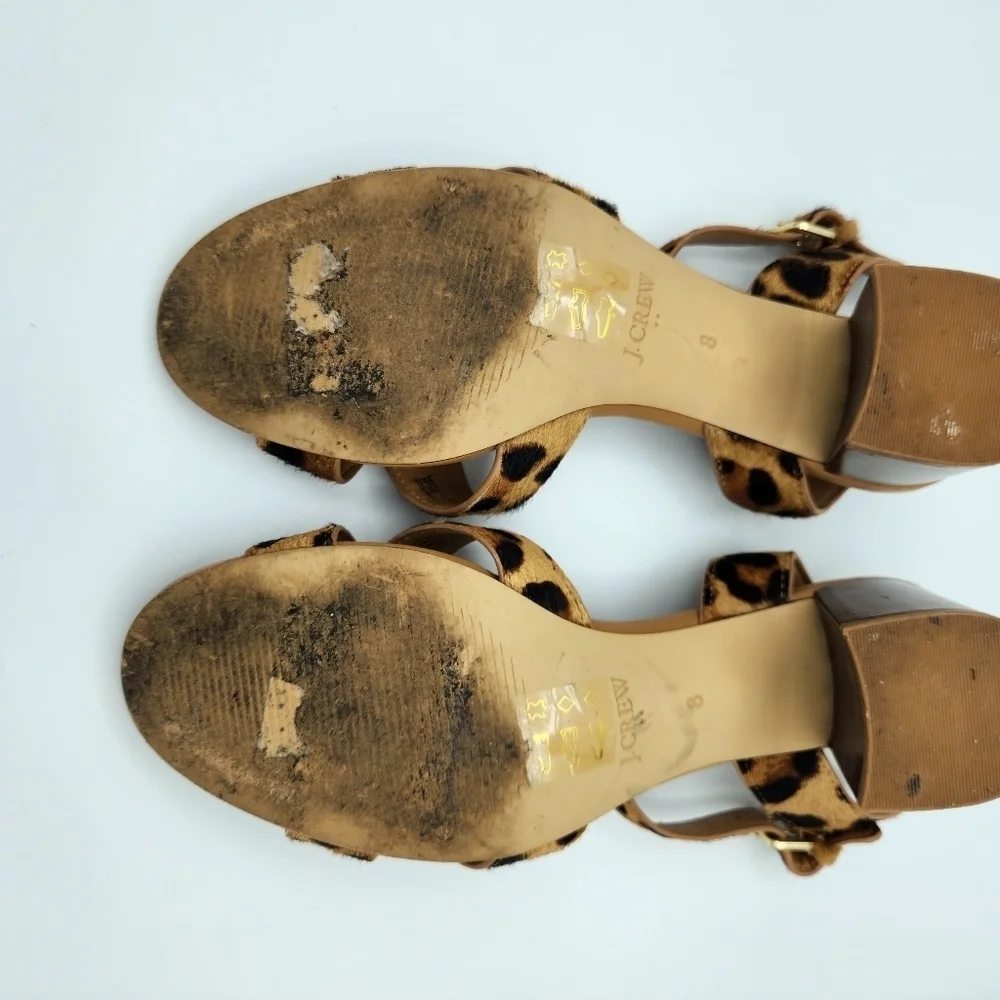 J Crew Womens 8 Calf Hair Leopard Low Block Heel Sandals Brown Black‎ Open Toe